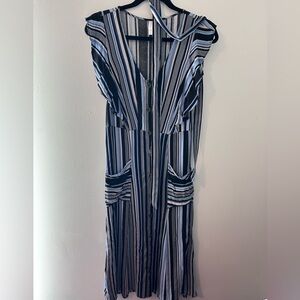 Striped Blue and White Button-Down Midi Dress Flowy Lightweight Casual